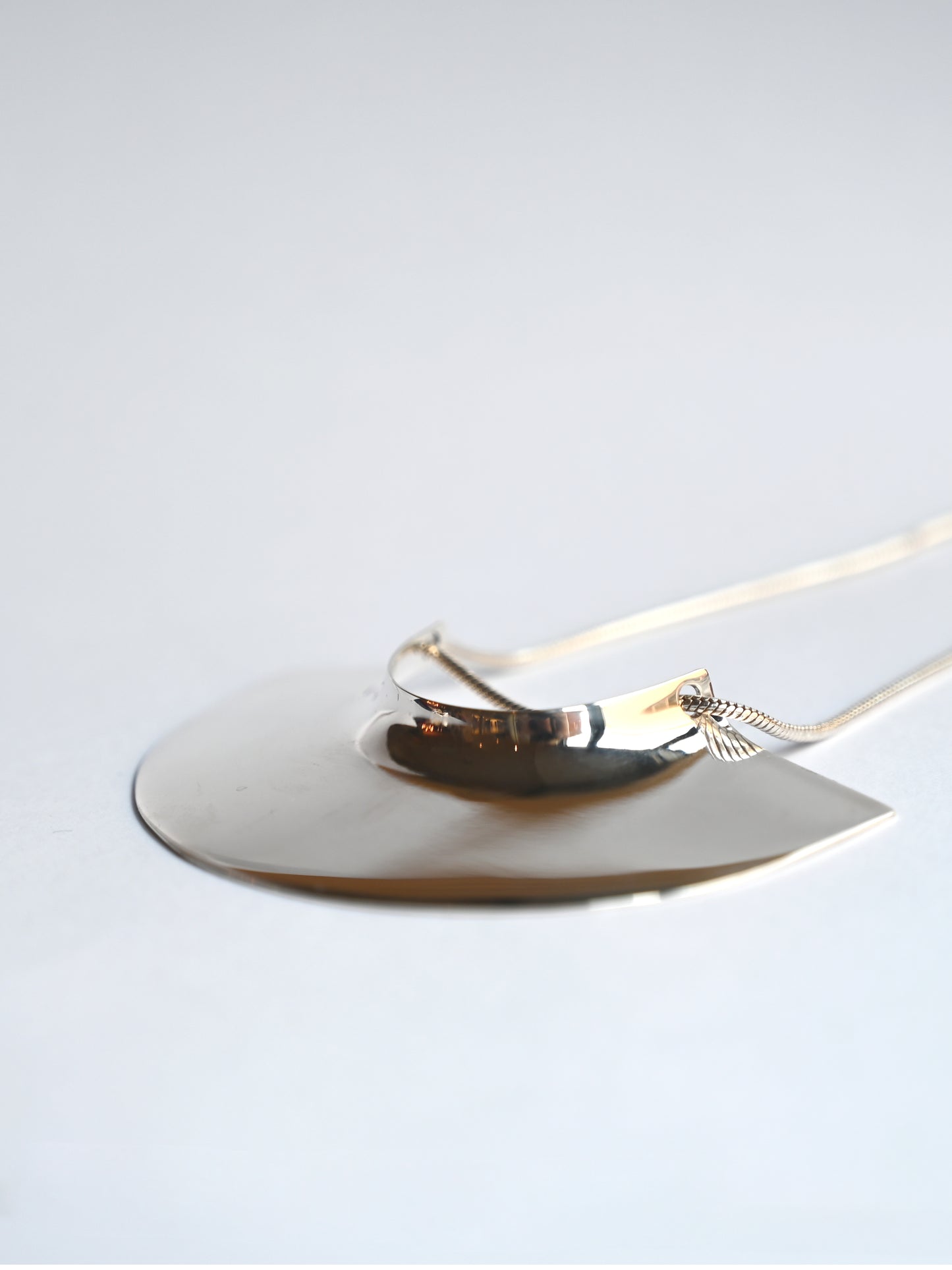 brass pendant laying flat facing left on a white background, close up