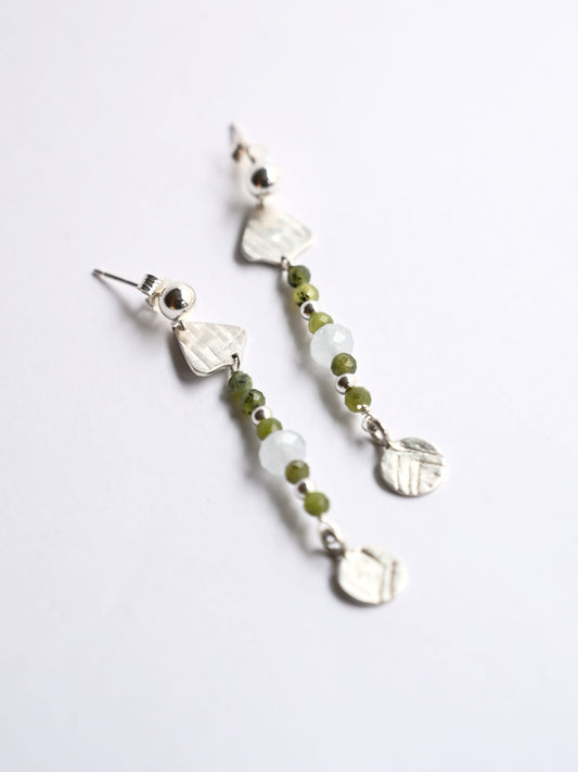 Silver dangling earrings with jade & aquamarine on white background