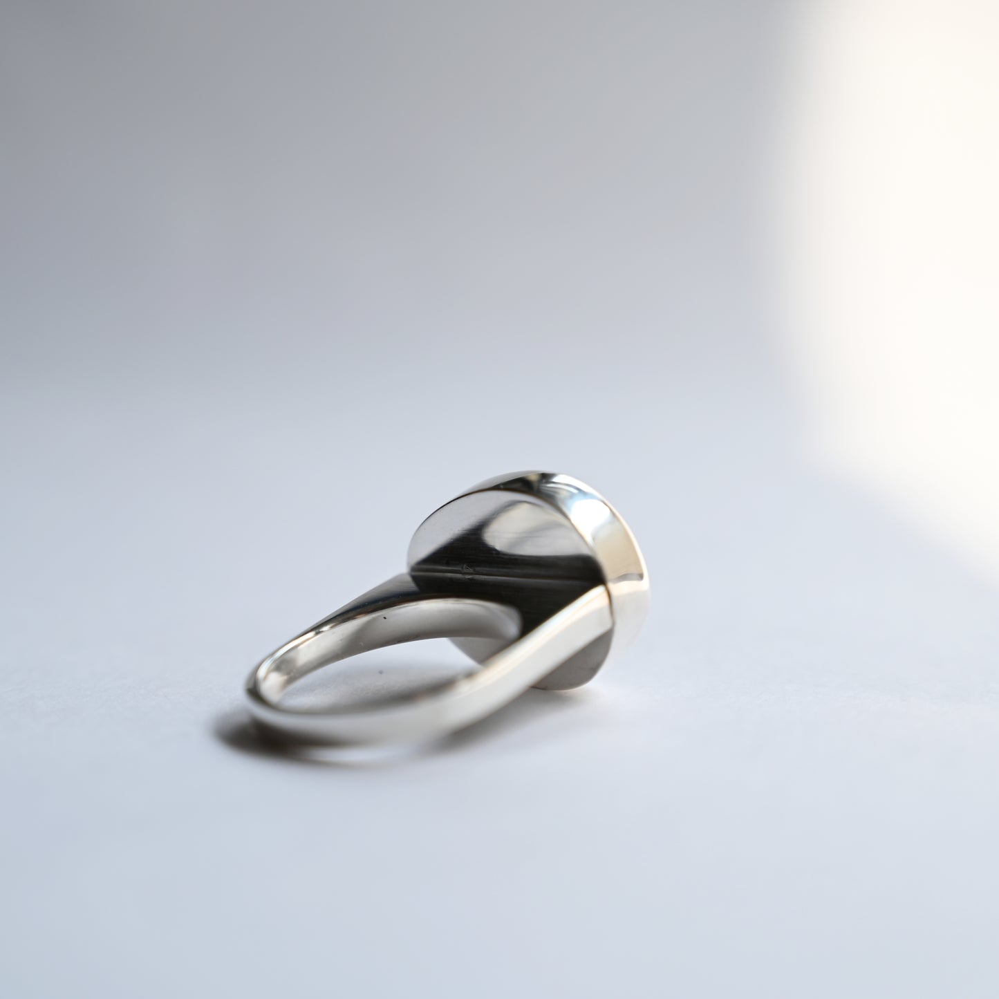 Sterling silver component ring with turquoise stone, view from back on white background.